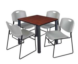 Kee 30" Square Breakroom Table - Cherry/ Black & 4 Zeng Stack Chairs - Grey