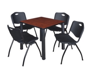 Kee 30" Square Breakroom Table - Cherry/ Black & 4 'M' Stack Chairs - Black