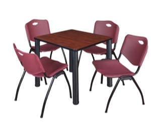 Kee 30" Square Breakroom Table - Cherry/ Black & 4 'M' Stack Chairs - Burgundy