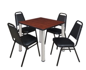 Kee 30" Square Breakroom Table - Cherry/ Chrome & 4 Restaurant Stack Chairs - Black