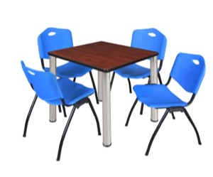 Kee 30" Square Breakroom Table - Cherry/ Chrome & 4 'M' Stack Chairs - Blue