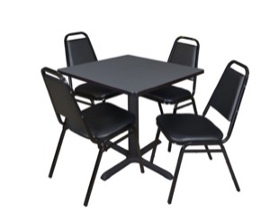 Cain 30" Square Breakroom Table - Grey & 4 Restaurant Stack Chairs - Black