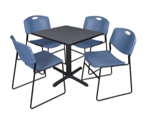 Cain 30" Square Breakroom Table - Grey & 4 Zeng Stack Chairs - Blue