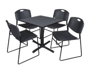 Cain 30" Square Breakroom Table - Grey & 4 Zeng Stack Chairs - Black