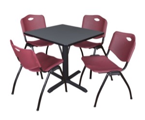 Cain 30" Square Breakroom Table - Grey & 4 'M' Stack Chairs - Burgundy