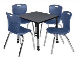 Kee 30" Square Height Adjustable Mobile Classroom Table  - Grey &  4 Andy 18-in Stack Chairs - Navy Blue 