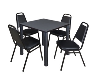 Kee 30" Square Breakroom Table - Grey/ Black & 4 Restaurant Stack Chairs - Black