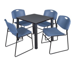 Kee 30" Square Breakroom Table - Grey/ Black & 4 Zeng Stack Chairs - Blue