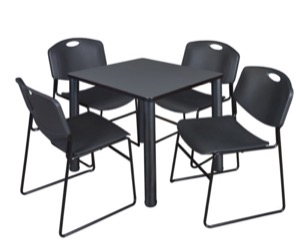 Kee 30" Square Breakroom Table - Grey/ Black & 4 Zeng Stack Chairs - Black