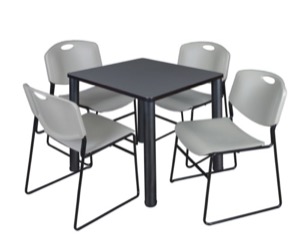 Kee 30" Square Breakroom Table - Grey/ Black & 4 Zeng Stack Chairs - Grey