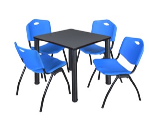 Kee 30" Square Breakroom Table - Grey/ Black & 4 'M' Stack Chairs - Blue