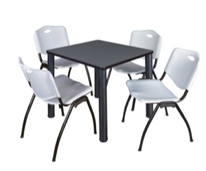 Kee 30" Square Breakroom Table - Grey/ Black & 4 'M' Stack Chairs - Grey