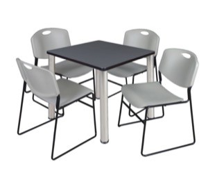 Kee 30" Square Breakroom Table - Grey/ Chrome & 4 Zeng Stack Chairs - Grey