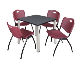 Kee 30" Square Breakroom Table - Grey/ Chrome & 4 'M' Stack Chairs - Burgundy
