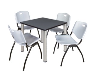 Kee 30" Square Breakroom Table - Grey/ Chrome & 4 'M' Stack Chairs - Grey