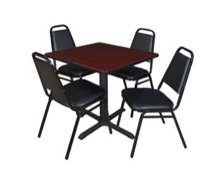 Cain 30" Square Breakroom Table - Mahogany & 4 Restaurant Stack Chairs - Black
