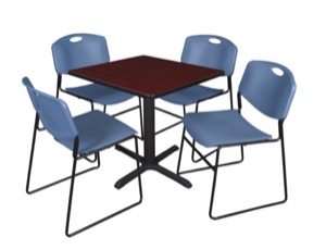 Cain 30" Square Breakroom Table - Mahogany & 4 Zeng Stack Chairs - Blue