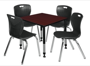 Kee 30" Square Height Adjustable Classroom Table  - Mahogany & 4 Andy 18-in Stack Chairs - Black