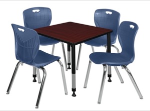 Kee 30" Square Height Adjustable Classroom Table  - Mahogany & 4 Andy 18-in Stack Chairs - Navy Blue