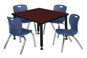 Kee 30" Square Height Adjustable Classroom Table  - Mahogany & 4 Andy 12-in Stack Chairs - Navy Blue