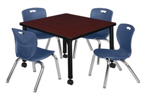 Kee 30" Square Height Adjustable Moblie Classroom Table  - Mahogany & 4 Andy 12-in Stack Chairs - Navy Blue