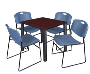 Kee 30" Square Breakroom Table - Mahogany/ Black & 4 Zeng Stack Chairs - Blue