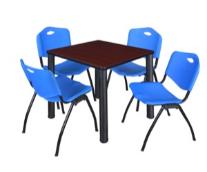 Kee 30" Square Breakroom Table - Mahogany/ Black & 4 'M' Stack Chairs - Blue