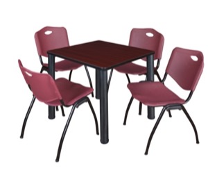 Kee 30" Square Breakroom Table - Mahogany/ Black & 4 'M' Stack Chairs - Burgundy