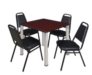 Kee 30" Square Breakroom Table - Mahogany/ Chrome & 4 Restaurant Stack Chairs - Black