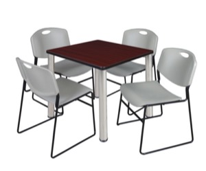 Kee 30" Square Breakroom Table - Mahogany/ Chrome & 4 Zeng Stack Chairs - Grey