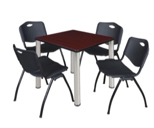 Kee 30" Square Breakroom Table - Mahogany/ Chrome & 4 'M' Stack Chairs - Black