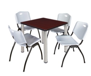 Kee 30" Square Breakroom Table - Mahogany/ Chrome & 4 'M' Stack Chairs - Grey