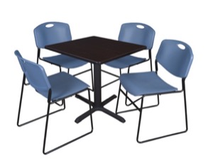 Cain 30" Square Breakroom Table - Mocha Walnut & 4 Zeng Stack Chairs - Blue