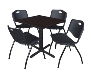 Cain 30" Square Breakroom Table - Mocha Walnut & 4 'M' Stack Chairs - Black