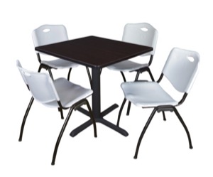 Cain 30" Square Breakroom Table - Mocha Walnut & 4 'M' Stack Chairs - Grey
