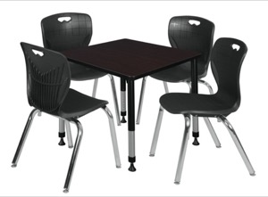 Kee 30" Square Height Adjustable Classroom Table  - Mocha Walnut & 4 Andy 18-in Stack Chairs - Black