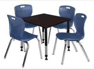 Kee 30" Square Height Adjustable Classroom Table  - Mocha Walnut & 4 Andy 18-in Stack Chairs - Navy Blue