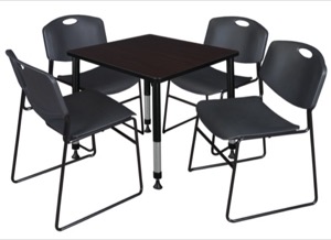 Kee 30" Square Height Adjustable Classroom Table  - Mocha Walnut & 4 Zeng Stack Chairs - Black