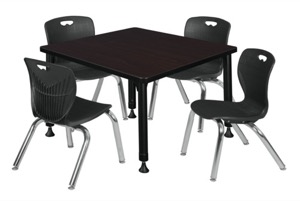 Kee 30" Square Height Adjustable Classroom Table  - Mocha Walnut & 4 Andy 12-in Stack Chairs - Black
