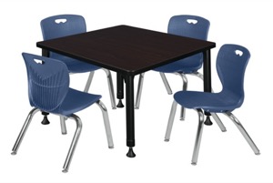 Kee 30" Square Height Adjustable Classroom Table  - Mocha Walnut & 4 Andy 12-in Stack Chairs - Navy Blue