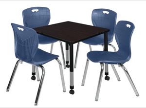 Kee 30" Square Height Adjustable Mobile Classroom Table  - Mocha Walnut & 4 Andy 18-in Stack Chairs - Navy Blue