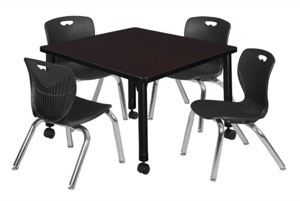 Kee 30" Square Height Adjustable Mobile Classroom Table  - Mocha Walnut & 4 Andy 12-in Stack Chairs - Black