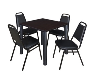 Kee 30" Square Breakroom Table - Mocha Walnut/ Black & 4 Restaurant Stack Chairs - Black