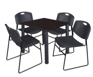 Kee 30" Square Breakroom Table - Mocha Walnut/ Black & 4 Zeng Stack Chairs - Black