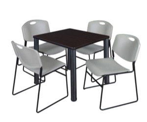 Kee 30" Square Breakroom Table - Mocha Walnut/ Black & 4 Zeng Stack Chairs - Grey