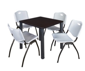 Kee 30" Square Breakroom Table - Mocha Walnut/ Black & 4 'M' Stack Chairs - Grey