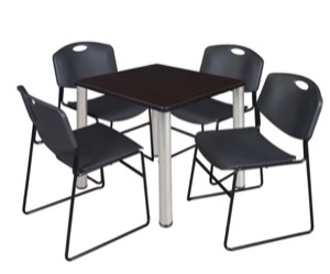 Kee 30" Square Breakroom Table - Mocha Walnut/ Chrome & 4 Zeng Stack Chairs - Black