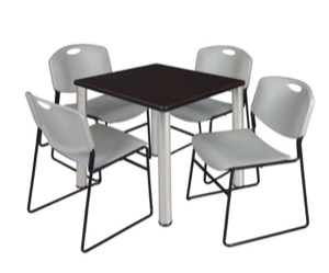 Kee 30" Square Breakroom Table - Mocha Walnut/ Chrome & 4 Zeng Stack Chairs - Grey