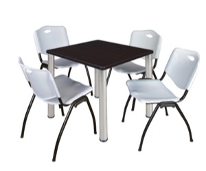 Kee 30" Square Breakroom Table - Mocha Walnut/ Chrome & 4 'M' Stack Chairs - Grey