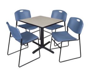 Cain 30" Square Breakroom Table - Maple & 4 Zeng Stack Chairs - Blue